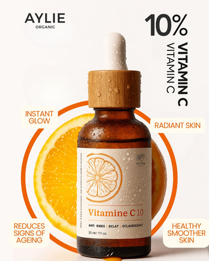 Aylie Organic Vitamin C10 dropper bottle with an orange slice on a light background