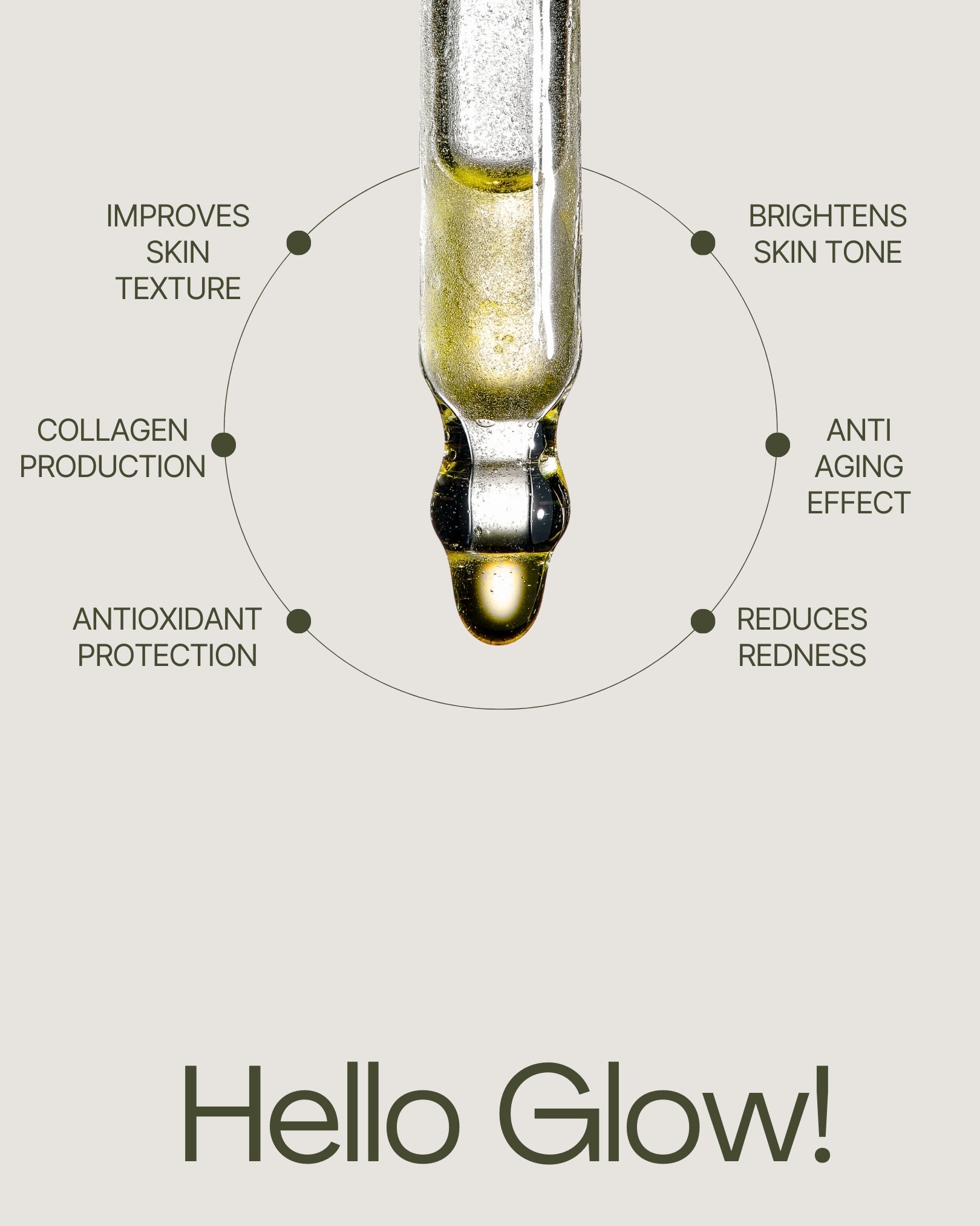 Vial of skincare serum with droplet, text highlighting benefits, and 'Hello Glow!' branding on a light gray background.