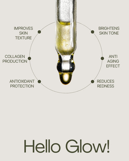 Vial of skincare serum with droplet, text highlighting benefits, and 'Hello Glow!' branding on a light gray background.