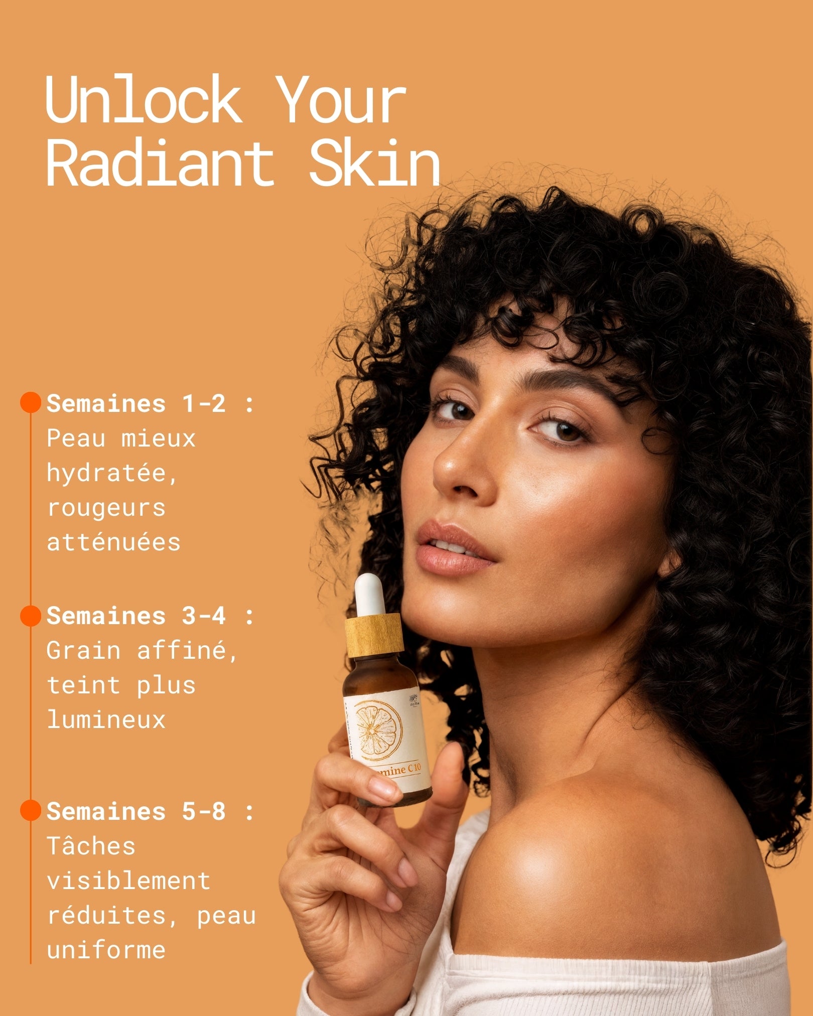 Woman holding a skincare serum with text on an orange background